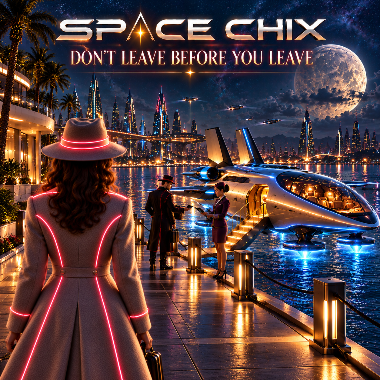 Don't Leave Before You Leave — cinematic SPACE CHIX artwork of a moonlit futuristic waterfront departure