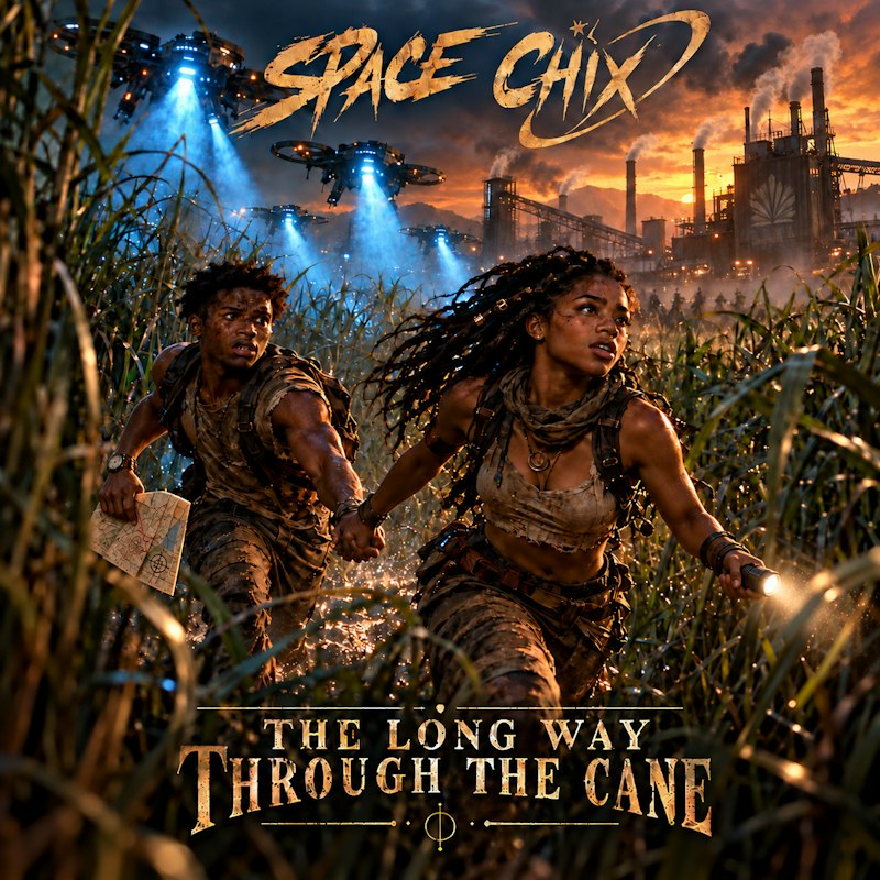 SPACE CHIX — The Long Way Through the Cane single cover, escape through the cane fields beneath drones